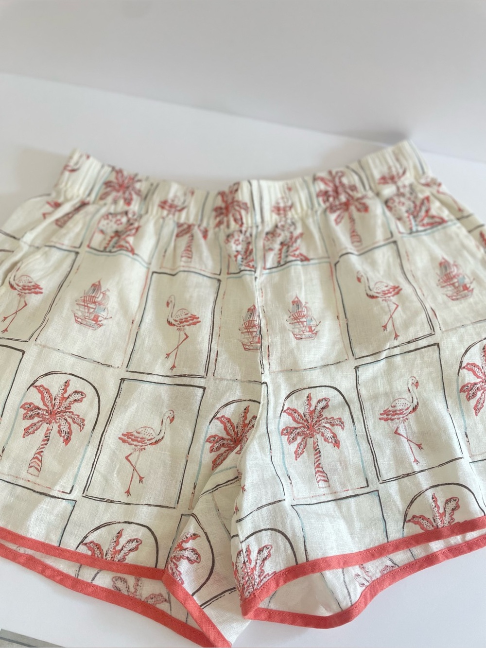 C&C California Coral Flamingo & Palm Print linen Shorts on Cream